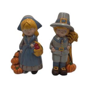 Vintage MCM Set of 2 Ceramic Thanksgiving Pumpkin Harvest Figurines Male Female